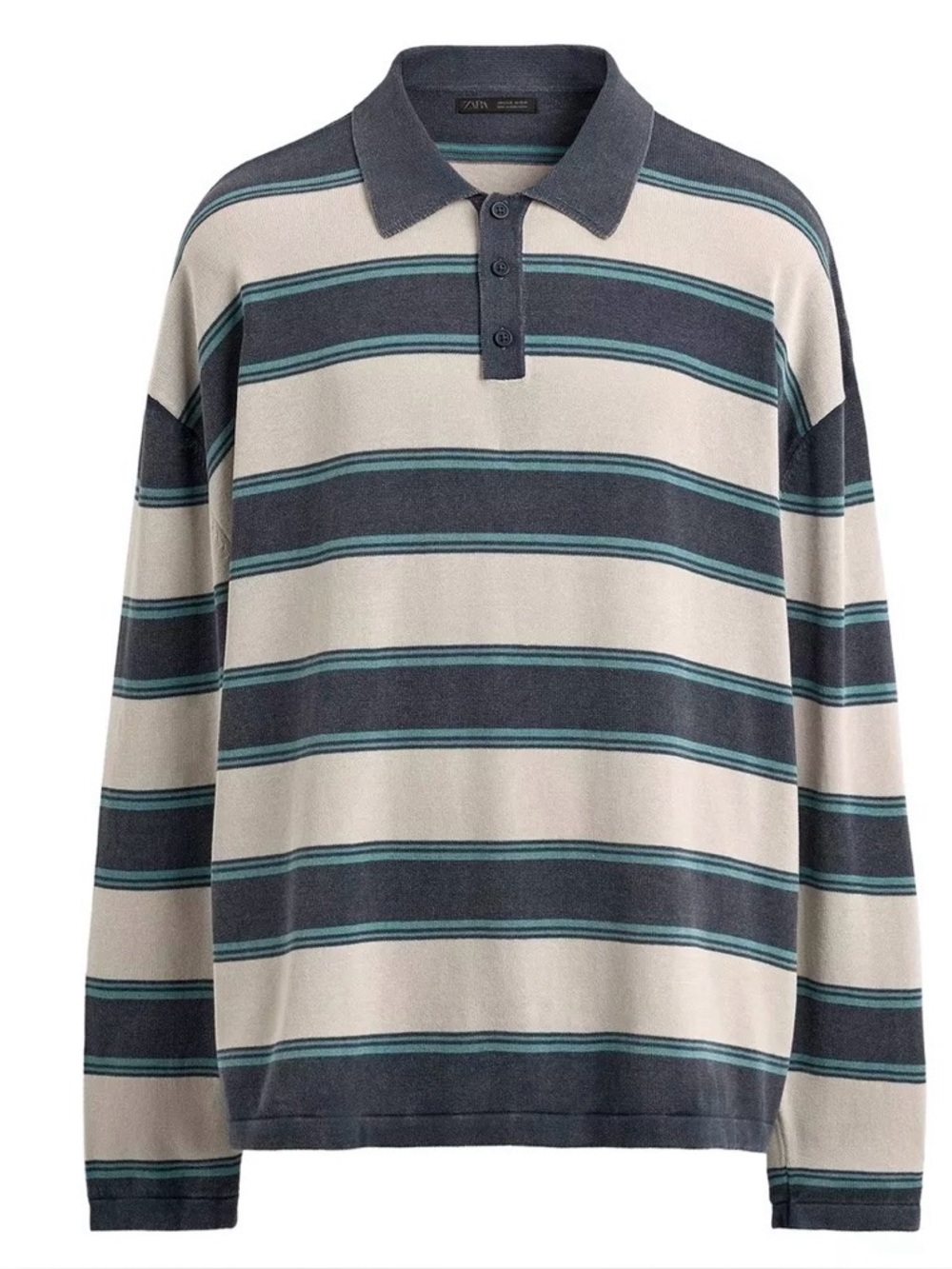 Zara Long-Sleeve Striped Polo in Navy, Cream & Teal